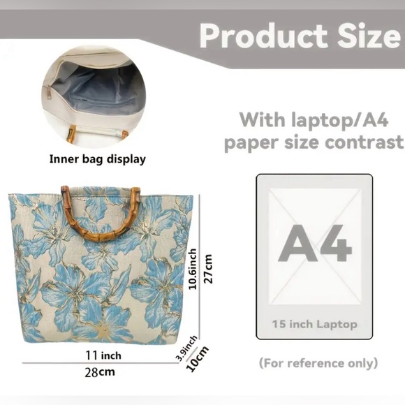 NWOT Floral Blue and Cream Tote Bag with Bamboo Handles - Picture 3 of 6
